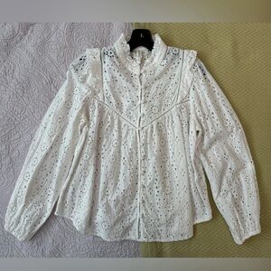 KIVARI long puff sleeves Blouse white eyelet lace mock neck Victorian cottage
